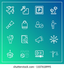 Modern, simple vector icon set on gradient background with video, up, technology, voice, unpacking, airplane, decoration, down, screen, relocation, travel, hammer, communication, button, player icons