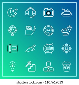 Modern, simple vector icon set on gradient background with marketing, employer, call, downstairs, office, concept, moon, pin, equipment, shovel, photography, upstairs, star, tv, antenna, video icons