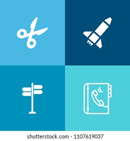 Modern, simple vector icon set on colorful background with business, fly, spaceship, address, way, traffic, information, scissors, point, road, launch, background, silhouette, science, object icons