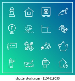 Modern, simple vector icon set on gradient background with architecture, way, security, web, house, travel, ocean, tea, lighthouse, internet, railway, safety, sea, arrow, business, home, kettle icons