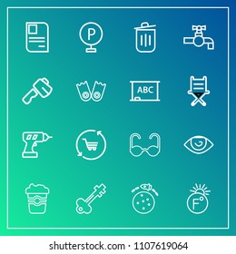 Modern, simple vector icon set on gradient background with road, equipment, machine, key, garbage, shop, temperature, cart, hand, rocket, mug, travel, retail, glasses, fahrenheit, scale, drink icons