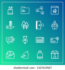 Modern, simple vector icon set on gradient background with white, screen, object, envelope, calculator, megaphone, paper, stationery, office, key, sign, bank, building, fashion, education, box icons