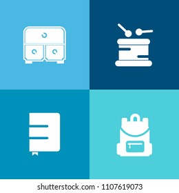 Modern, simple vector icon set on colorful background with background, page, instrument, education, concert, classical, space, book, file, trumpet, furniture, drawer, business, violin, school icons