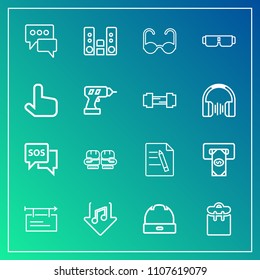 Modern, simple vector icon set on gradient background with finance, fashion, poster, professional, sos, people, sun, audio, office, danger, cash, safety, competition, document, blank, internet icons