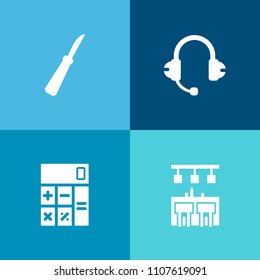 Modern, simple vector icon set on colorful background with mathematics, cooking, education, knife, music, cocktail, drink, graphic, steel, radio, cook, sound, calculator, speaker, chef, cutlery icons