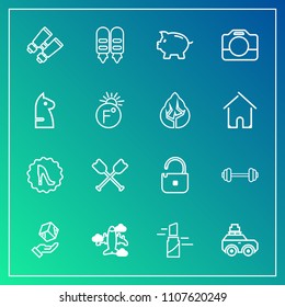 Modern, simple vector icon set on gradient background with water, makeup, coin, box, travel, beauty, canoe, handle, finance, exercise, shipping, bag, cargo, aircraft, glasses, spy, flight, car icons