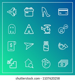 Modern, simple vector icon set on gradient background with thermometer, ribbon, airplane, jet, search, usb, computer, plane, down, plug, bugle, finance, trumpet, up, holiday, musical, sale, sign icons