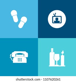Modern, simple vector icon set on colorful background with drink, television, style, entertainment, bottle, slipper, beauty, wine, tv, contact, video, object, telephone, fashion, winery, home icons