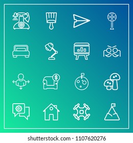 Modern, simple vector icon set on gradient background with property, brush, road, aerial, chat, mushroom, sofa, couch, sky, landscape, mobile, space, direction, communication, drone, paintbrush icons