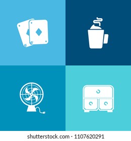 Modern, simple vector icon set on colorful background with poker, cooler, drawer, gambling, electric, beverage, glass, vegas, card, heat, cooling, drink, fortune, play, document, air, equipment icons