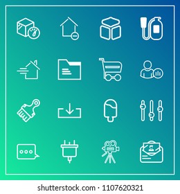 Modern, simple vector icon set on gradient background with video, box, movie, post, fire, rent, electric, message, house, square, web, package, retro, blank, weight, camera, home, tripod, sign,  icons