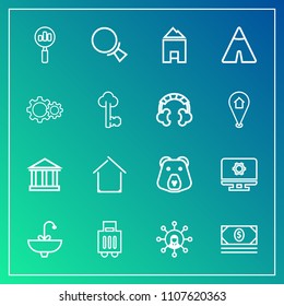 Modern, simple vector icon set on gradient background with home, tourism, greece, camp, sky, water, bear, baggage, faucet, tap, tent, grizzly, computer, coin, luggage, screen, nature, travel icons