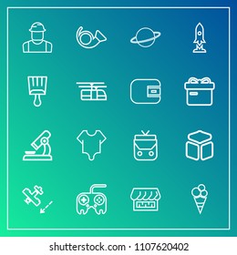 Modern, simple vector icon set on gradient background with research, laboratory, microscope, bodysuit, builder, astronomy, arrow, object, girl, white, space, web, plane, button, science, style icons