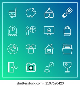Modern, simple vector icon set on gradient background with phone, cancel, finance, building, estate, sign, ring, sea, shattered, web, photographer, tshirt, fashion, destruction, tent, exit, home icons