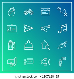 Modern, simple vector icon set on gradient background with travel, banner, bike, estate, equipment, wheel, cycle, fahrenheit, scale, thermometer, mask, destination, head, online, building, water icons