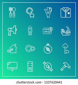 Modern, simple vector icon set on gradient background with internet, drink, finger, computer, cold, property, jug, action, east, decoration, compass, metal, decorative, ribbon, container, house icons