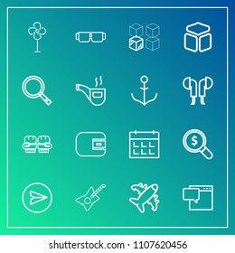 Modern, simple vector icon set on gradient background with package, flight, purse, fashion, sun, web, search, find, communication, replacement, plane, boxing, glove, fight, musical, ventilator icons