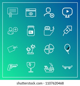 Modern, simple vector icon set on gradient background with crash, account, window, browser, sea, revolver, palm, graph, template, skate, glass, nature, gun, tropical, web, weapon, military, air icons