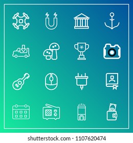 Modern, simple vector icon set on gradient background with time, hotel, book, wallet, greece, musical, business, field, luxury, office, room, radio, europe, travel, aerial, address, contact, day icons
