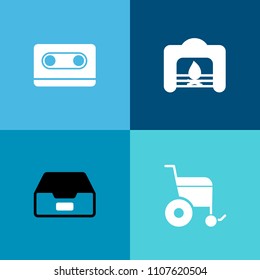 Modern, simple vector icon set on colorful background with room, winter, record, red, storage, style, file, office, chair, disability, folder, house, vintage, warm, home, old, data, audio, music icons