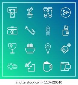 Modern, simple vector icon set on gradient background with paint, chat, cafe, travel, crash, bank, downstairs, cash, internet, map, cup, optical, machine, food, dish, soup, communication, atm icons