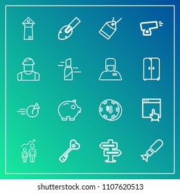 Modern, simple vector icon set on gradient background with money, website, house, night, key, business, luck, shovel, development, falling, success, gambling, doorknob, internet, man, web, bank icons