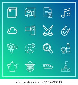 Modern, simple vector icon set on gradient background with train, railway, banking, kettle, alcohol, cartoon, castle, note, financial, delivery, file, internet, medieval, transportation, search icons