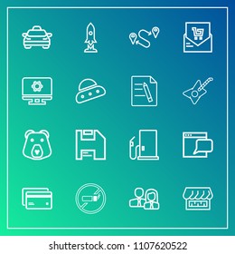 Modern, simple vector icon set on gradient background with taxi, internet, debit, banking, spaceship, gasoline, transport, diskette, cigarette, nature, gas, tobacco, oil, team, computer, staff icons