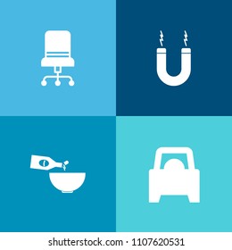 Modern, simple vector icon set on colorful background with decor, furniture, restaurant, magnet, energy, glass, comfortable, automotive, automobile, car, science, room, dinner, food, armchair icons