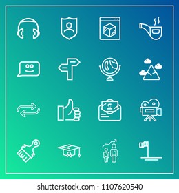 Modern, simple vector icon set on gradient background with business, growth, audio, headphone, replace, online, concept, movie, security, development, beach, education, hand, retro, change, mail icons