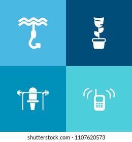 Modern, simple vector icon set on colorful background with sport, call, ringing, growth, bait, exercise, dial, natural, pot, support, interior, technology, phone, nature, barbell, plant, contact icons