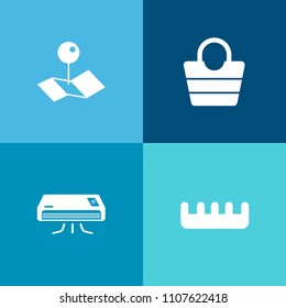 Modern, simple vector icon set on colorful background with web, navigation, pointer, marker, handbag, travel, place, female, comb, accessory, healthy, hair, pin, location, conditioner, hairbrush icons