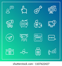 Modern, simple vector icon set on gradient background with aid, equipment, white, luggage, person, airport, tropical, hand, email, box, chat, ocean, surf, musical, travel, sign, progress, finger icons