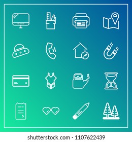 Modern, simple vector icon set on gradient background with business, nature, pen, card, pc, landscape, woman, internet, map, sunglasses, summer, clock, water, hour, printer, tree, sun, hot, time icons
