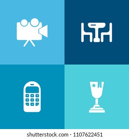 Modern, simple vector icon set on colorful background with technology, glass, first, dinner, light, table, movie, business, kitchen, screen, place, sitting, wireless, win, achievement, success icons
