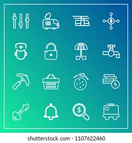 Modern, simple vector icon set on gradient background with van, shop, antenna, luggage, coin, concept, train, search, business, equality, market, airport, web, vintage, basket, planet, store, tv icons