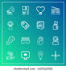 Modern, simple vector icon set on gradient background with retro, investment, map, bed, money, sound, double, finance, headset, location, health, care, thermometer, travel, dollar, music, love icons