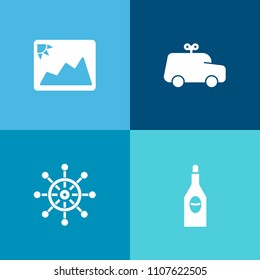 Modern, simple vector icon set on colorful background with retro, travel, picture, kid, toy, little, vehicle, car, ship, paper, baby, alcohol, red, blank, navigation, child, frame, childhood icons