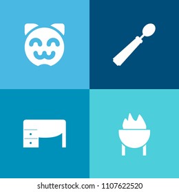 Modern, simple vector icon set on colorful background with cute, meat, restaurant, cooking, kitten, top, notebook, office, white, happy, kitchen, business, utensil, lunch, kitty, bbq, hot, girl icons