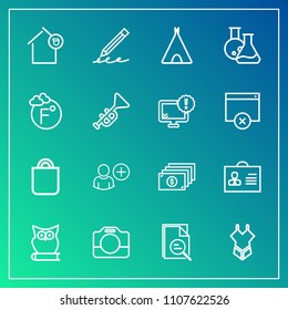 Modern, simple vector icon set on gradient background with tool, home, tent, video, hand, internet, celebration, camp, education, fashion, bird, write, summer, gift, adventure, pencil, woman icons