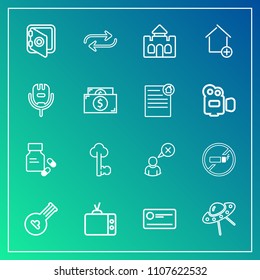 Modern, simple vector icon set on gradient background with change, technology, finance, cancel, safety, concept, castle, cigarette, security, sign, pharmacy, web, internet, lock, profile, safe icons
