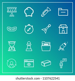 Modern, simple vector icon set on gradient background with communication, file, musical, hour, sky, quality, telescope, material, paper, folder, building, brick, chat, chief, drum, computer, web icons