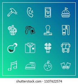 Modern, simple vector icon set on gradient background with tool, home, note, flipper, app, tshirt, technology, laboratory, telephone, shirt, clothes, space, housework, underwater, transport, sea icons