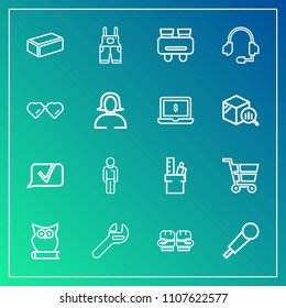 Modern, simple vector icon set on gradient background with music, office, stationery, cart, headset, uniform, shop, glove, mic, fight, karaoke, male, repair, bird, owl, audio, sound, technology icons