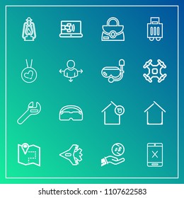 Modern, simple vector icon set on gradient background with jet, dollar, plane, money, style, landlord, jetliner, bag, internet, road, finance, location, equipment, online, lamp, metal, business icons