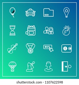 Modern, simple vector icon set on gradient background with music, buy, cash, car, profile, sky, taxi, award, jump, document, space, door, sign, violoncello, finance, avatar, sound, technology icons