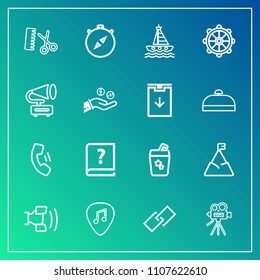 Modern, simple vector icon set on gradient background with drink, book, camera, sky, tripod, video, yacht, mobile, water, technology, sea, landscape, boat, professional, home, mountain, salon icons