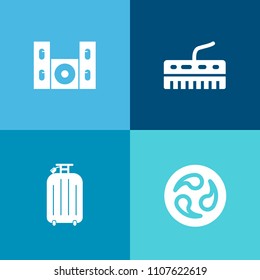 Modern, simple vector icon set on colorful background with japan, instrument, asian, television, japanese, mon, flower, technology, sound, note, trolley, stereo, tv, white, music, background icons