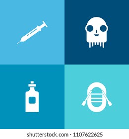 Modern, simple vector icon set on colorful background with needle, yacht, container, alien, sign, science, marine, medical, beverage, water, object, drink, white, extraterrestrial, humanoid, ufo icons