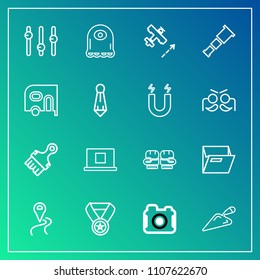 Modern, simple vector icon set on gradient background with success, photographer, equipment, boxing, map, location, aircraft, win, construction, telescope, astronomy, reward, , sport, navigation icons